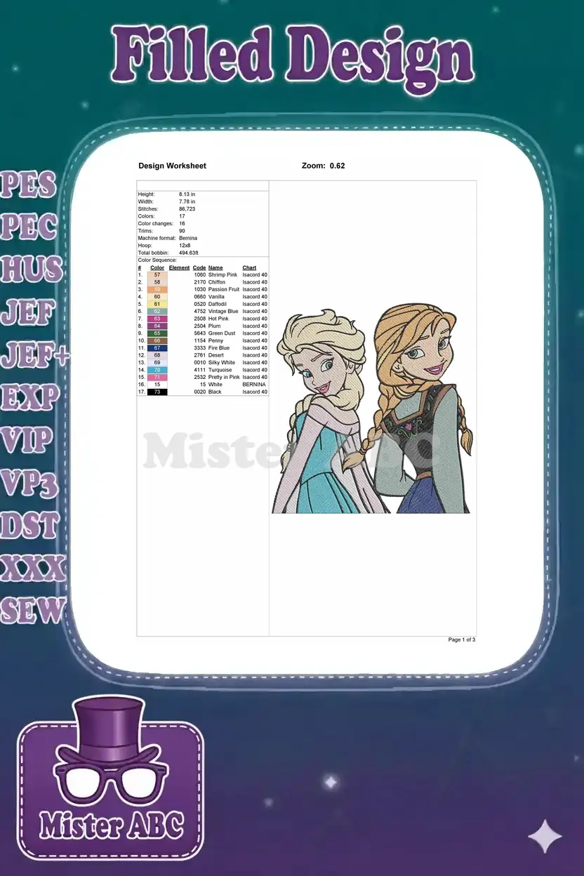 Embroidery design worksheet for Elsa and Anna, detailing dimensions, stitch count, color sequence, and thread types.