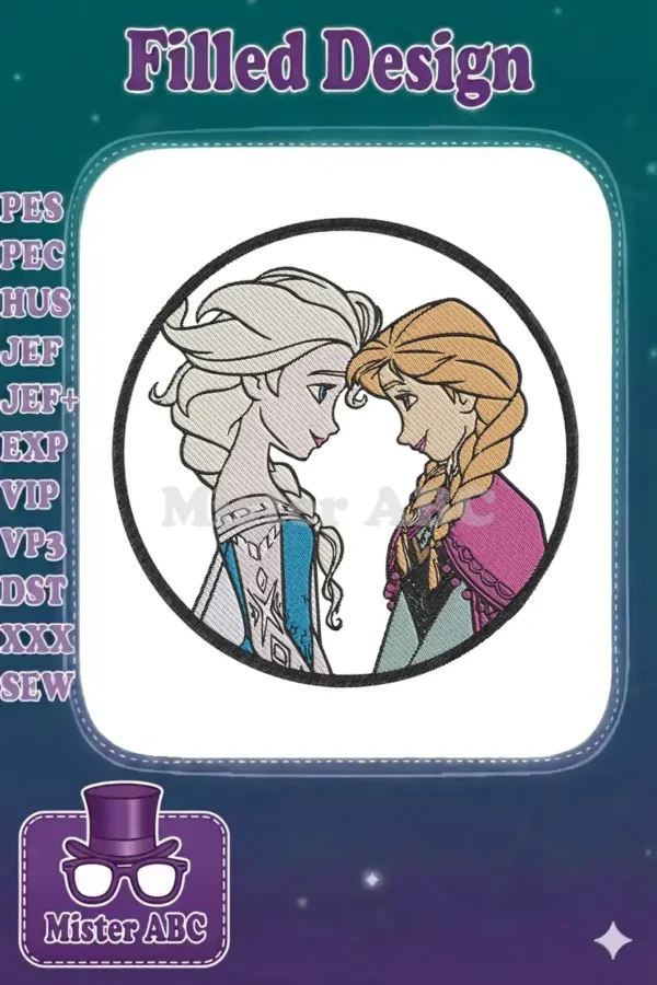 Embroidered design of Elsa and Anna from Frozen, facing each other in a heartwarming embrace, enclosed in a bold black circular outline, showcasing detailed thread work.
