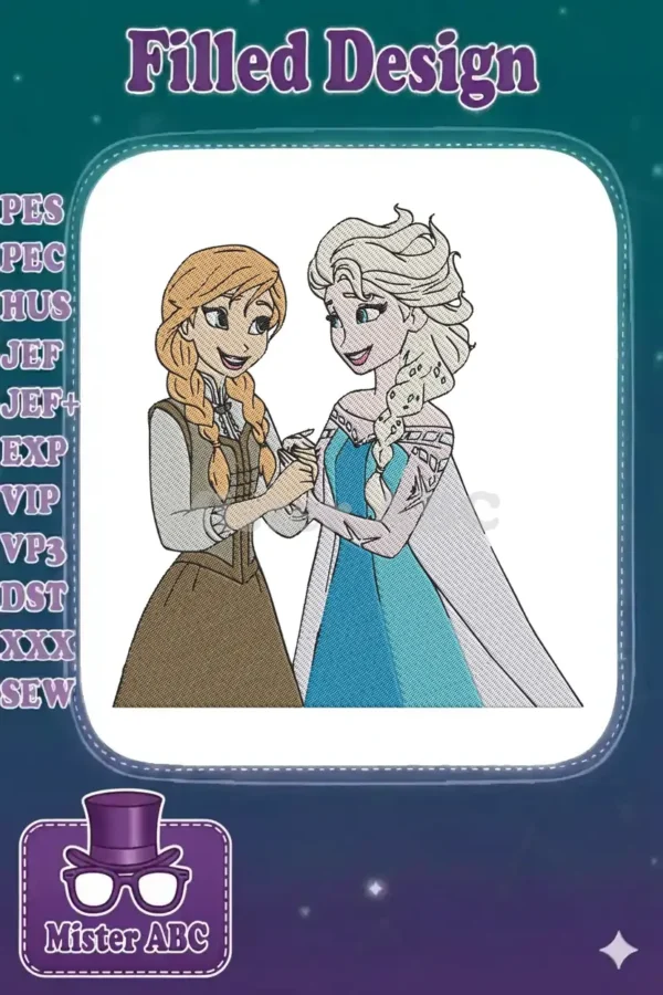 Detailed embroidery design of Anna and Elsa from Frozen, showcasing their bond with vibrant colors and precise stitching.