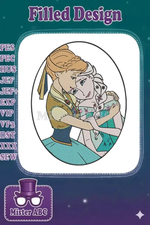 Charming embroidery of sisters Anna and Elsa from Frozen hugging, showcasing their deep bond and vibrant colors.