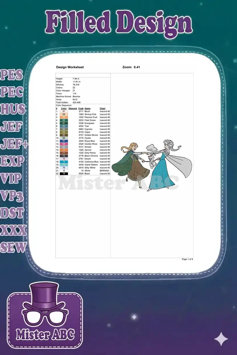 A comprehensive embroidery design worksheet detailing dimensions, stitch count, color chart, and machine format.