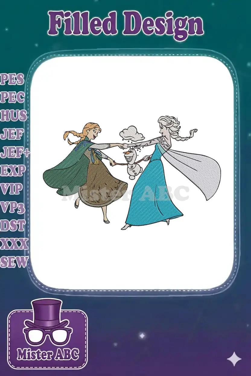 A vibrant embroidery design of Anna, Elsa, and Olaf from Frozen dancing joyfully, perfect for apparel and decor.