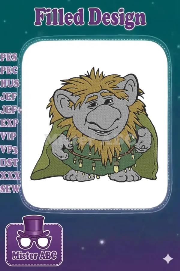 Detailed embroidery design of Grand Pabbie from Disney's Frozen, featuring his wise, smiling face and green attire.