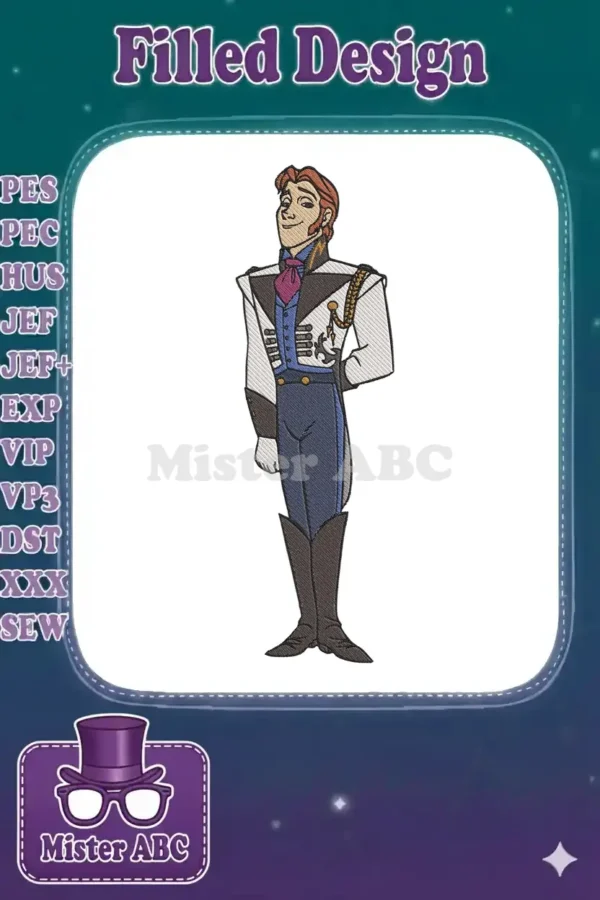 Detailed embroidery design of Prince Hans from Frozen, featuring his iconic uniform and confident pose.