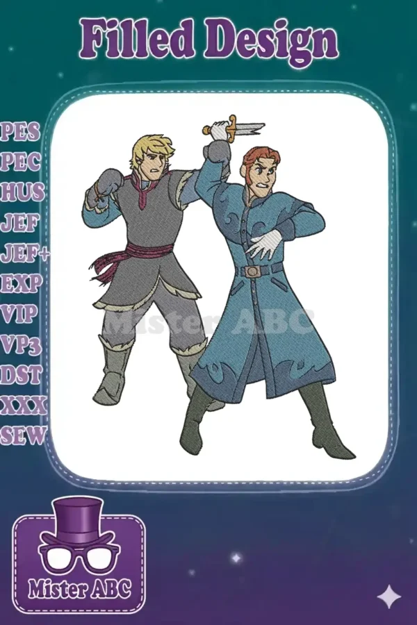 Embroidery design of Kristoff and Hans from Frozen in a fierce sword fight, capturing an iconic movie scene.