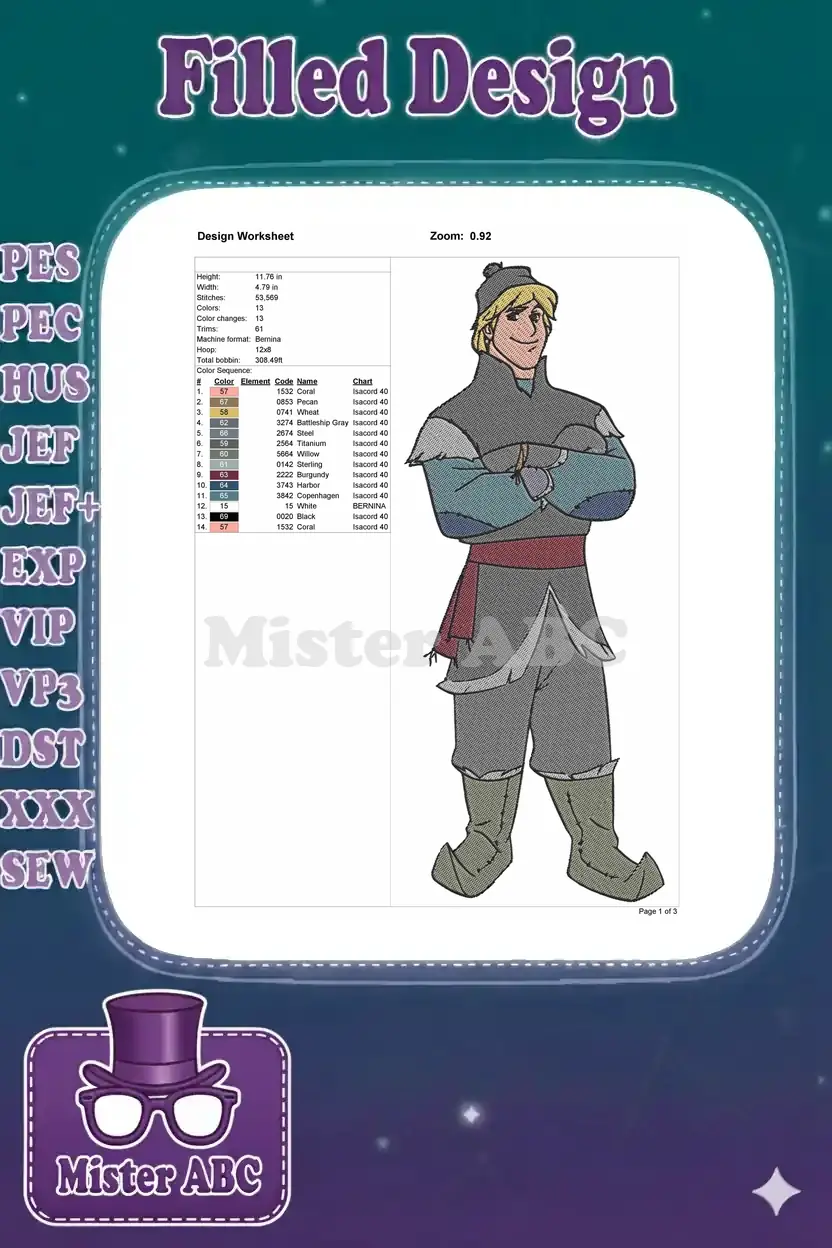 Embroidery design worksheet for Kristoff, showing dimensions, stitch count, color changes, and thread details.