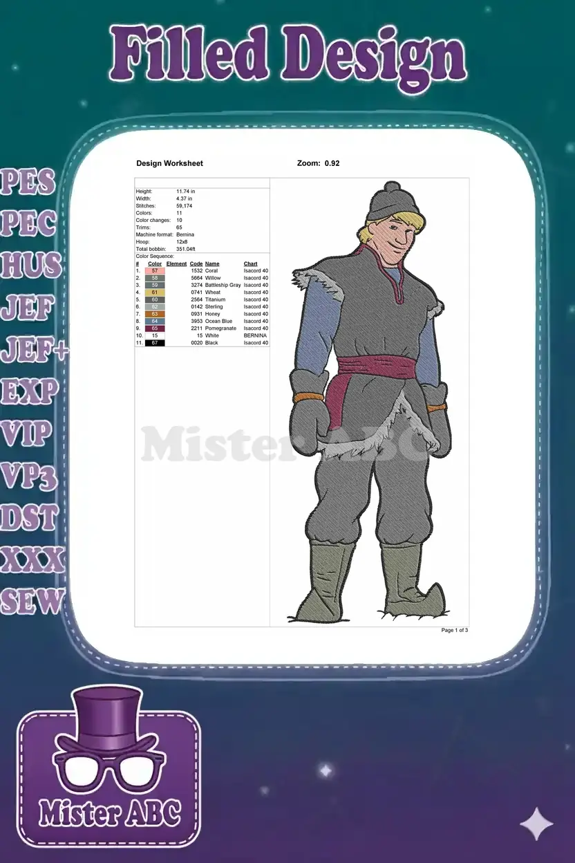 Embroidery design worksheet for Kristoff, detailing dimensions, stitch count, color sequence, and machine formats.