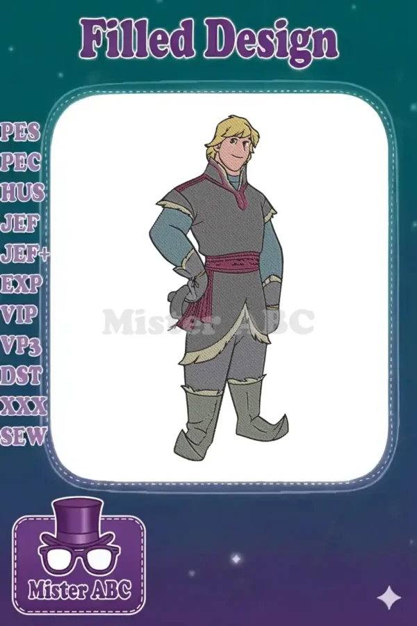 Detailed embroidery of Kristoff from Disney's Frozen, showcasing his iconic outfit, fur trim, and adventurous spirit.