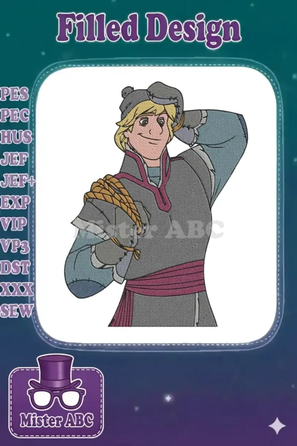 Detailed embroidery design of Kristoff from Frozen, smiling with a rope, ready for adventure on any fabric.