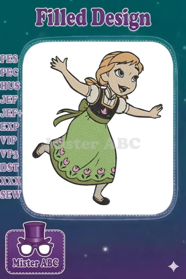 A vibrant embroidery design of young Princess Anna from Disney's Frozen, smiling with arms outstretched.