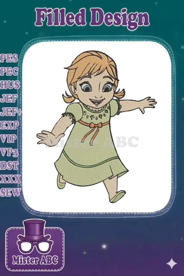 A vibrant embroidery design featuring a young, smiling Anna from Frozen, running with outstretched arms in a green dress.