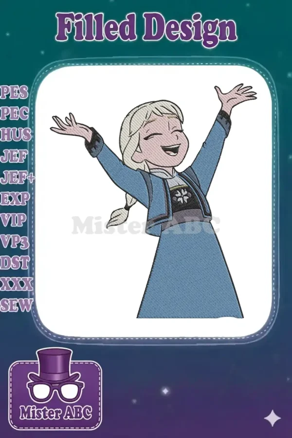 Vibrant embroidery design of young Elsa from Frozen, arms outstretched with a joyful, open-mouthed smile.