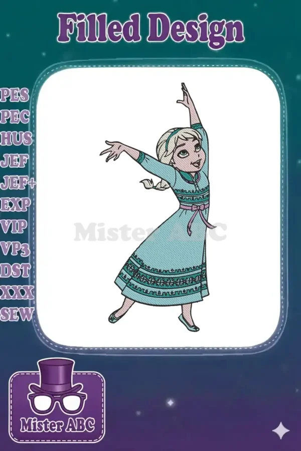 Vibrant embroidery design of Elsa from Frozen 2 in her Arendelle dress, striking a dynamic pose.