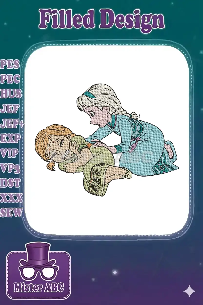 Elsa comforting a distressed Anna from Disney's Frozen, captured in a detailed, vibrant embroidery design.