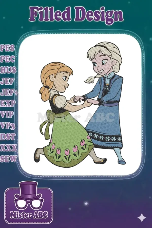 Adorable embroidery design featuring young Anna and Elsa from Frozen, holding hands and smiling playfully.