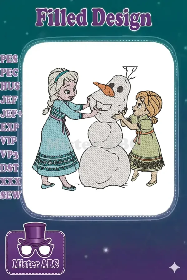 Elsa and Anna from Frozen happily building a three-tiered Olaf snowman, showcasing a charming and detailed embroidery design.