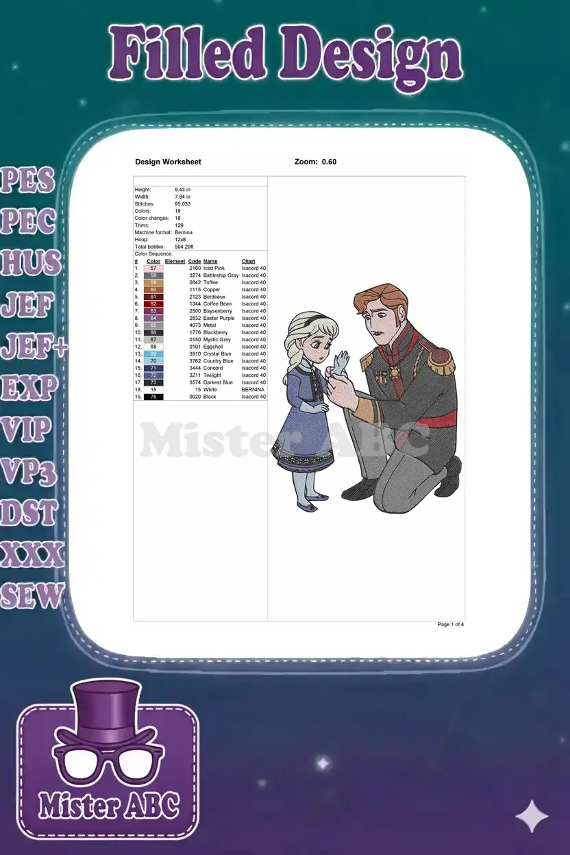 Embroidery design worksheet detailing dimensions, stitch count, color changes, and thread chart for Elsa and Hans.