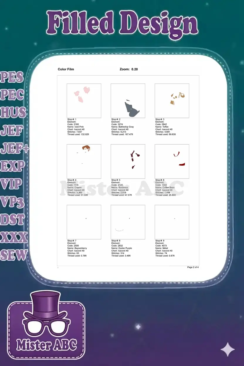 Color film page one, illustrating the first nine color stops and their corresponding stitch paths for the design.