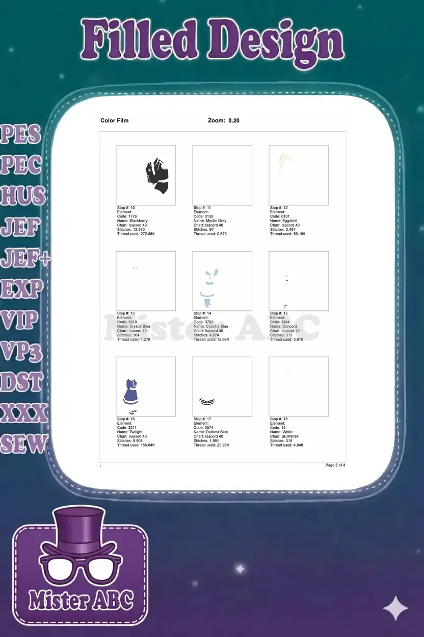 Color film page two, illustrating color stops ten through eighteen and their corresponding stitch paths.