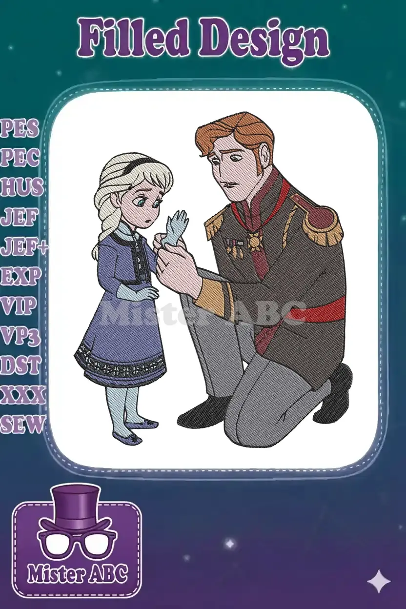Embroidery design of young Elsa and Prince Hans from Frozen, Hans kneeling to put a glove on Elsa's hand.