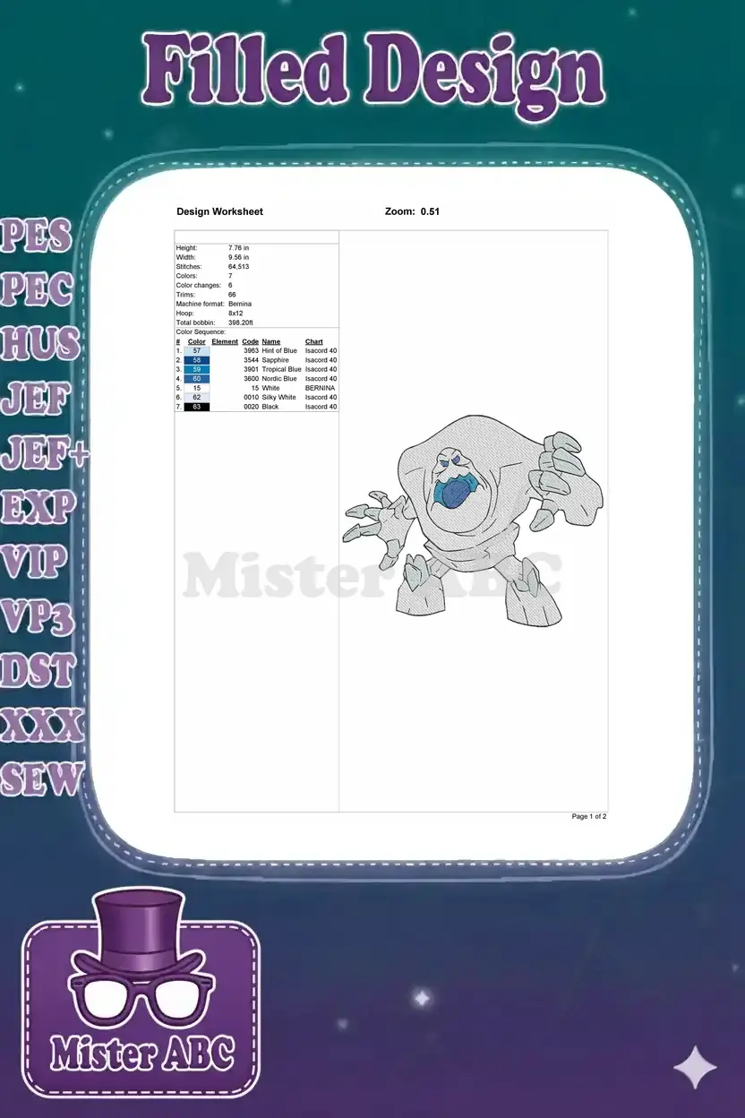 Embroidery design worksheet showing dimensions, stitch count, color sequence, and machine details.