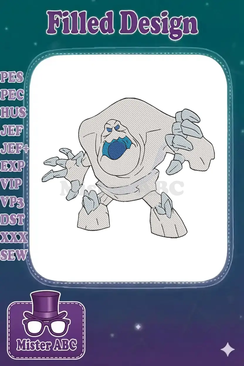 A fierce Abominable Snowman embroidery design with textured grey body, blue mouth, and clawed hands.