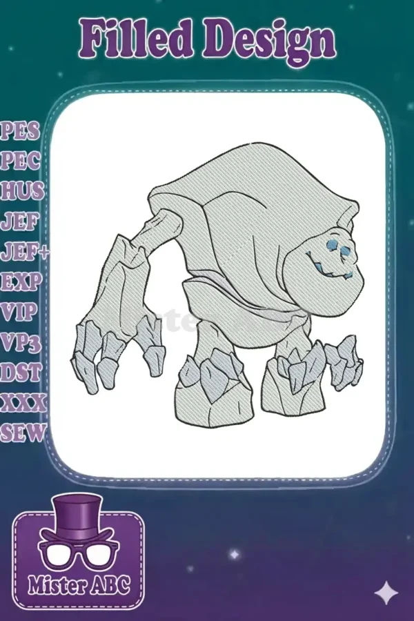 Close-up of a friendly, cartoon-style rock monster embroidery design with light grey body and blue eyes, smiling.