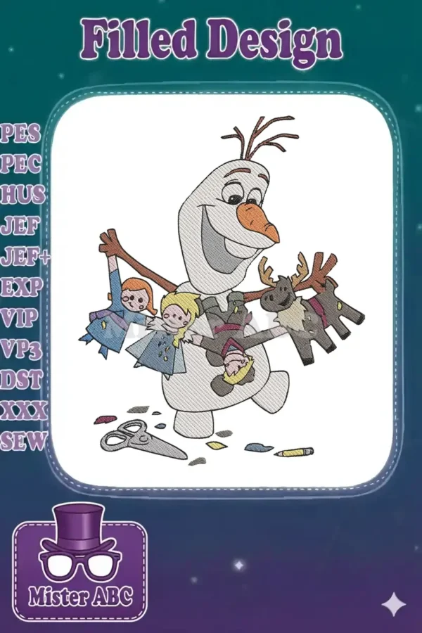 Olaf from Frozen, joyfully holding stick figures of Anna, Elsa, Kristoff, and Sven, with craft supplies.