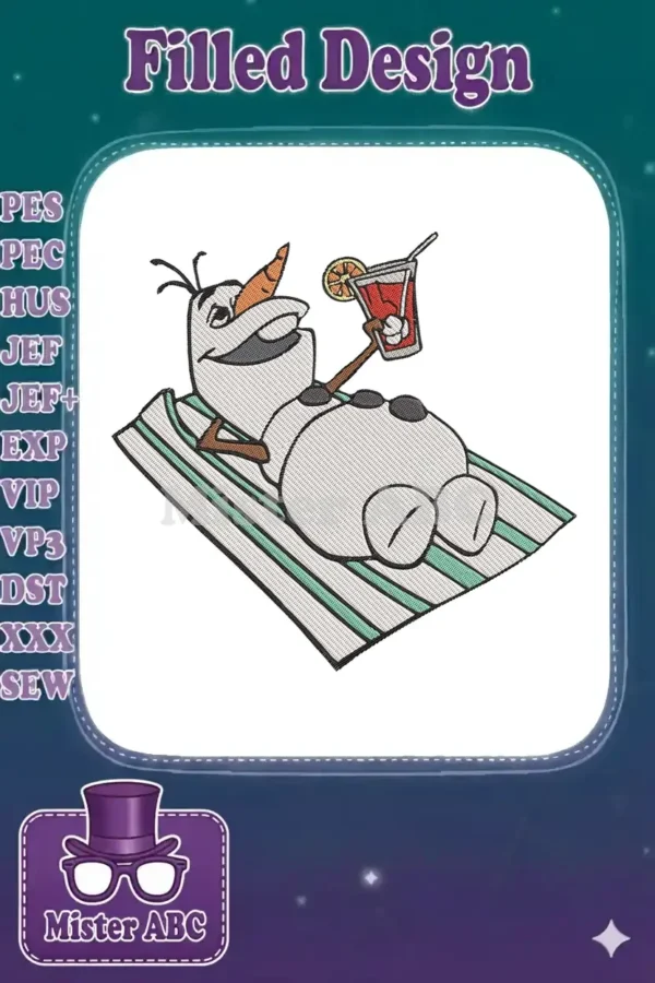 Olaf from Disney's Frozen relaxing on a striped beach towel, holding a tropical drink with a citrus slice.