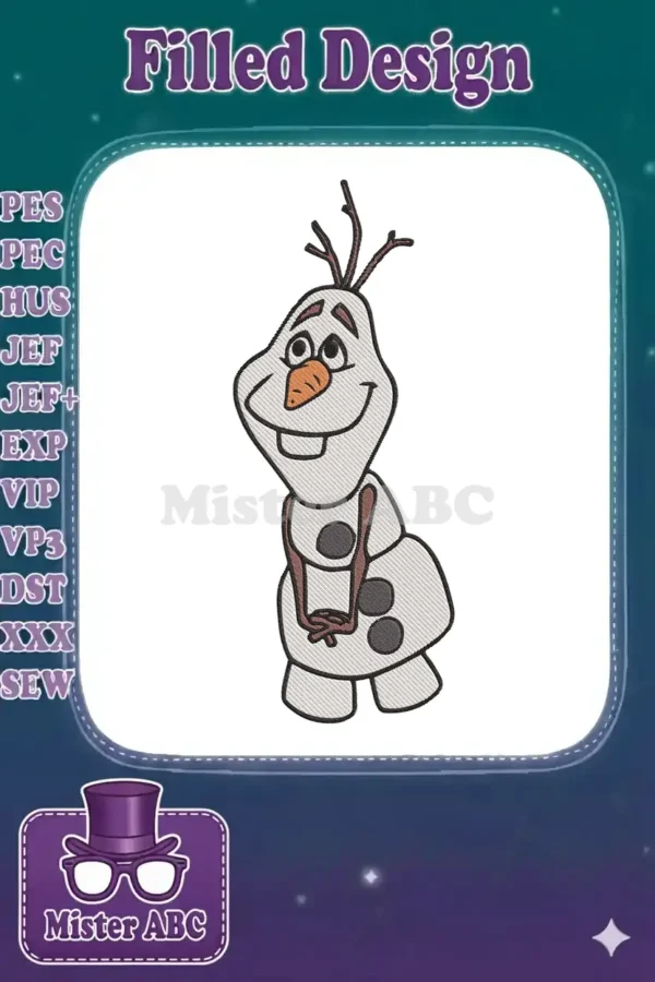 A cheerful Olaf embroidery design, featuring his iconic carrot nose, stick arms, and happy smile on a white background.