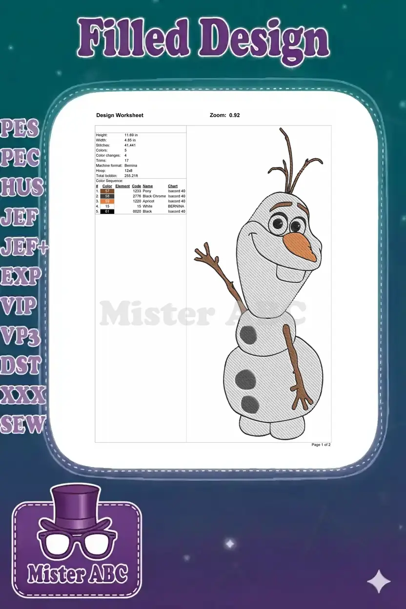 Detailed embroidery design worksheet for Olaf, showing dimensions, stitch count, color chart, and machine compatibility.