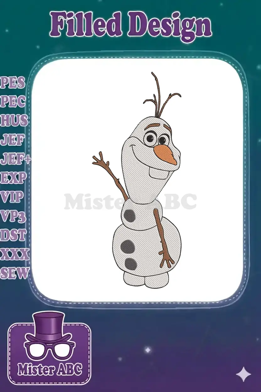 A cheerful Olaf embroidery design, featuring the beloved snowman from Disney's Frozen, ready to bring joy to any fabric.
