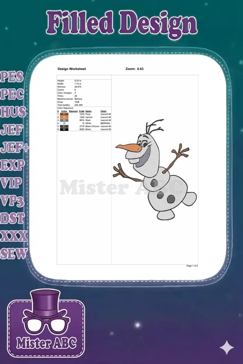 An embroidery design worksheet displaying Olaf's dimensions, stitch count, color sequence, and machine information.