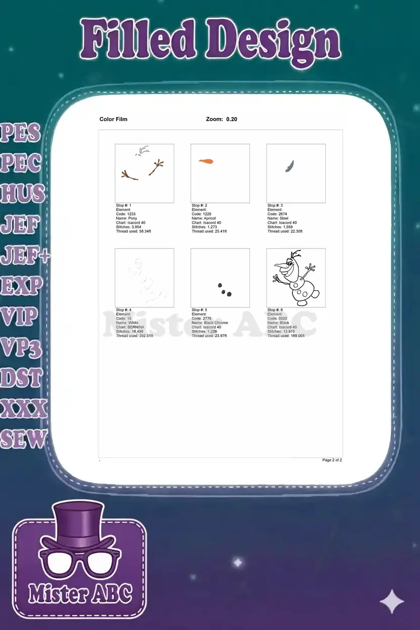 A color film showing the stitch sequence for Olaf's embroidery design, breaking down each thread color pass.