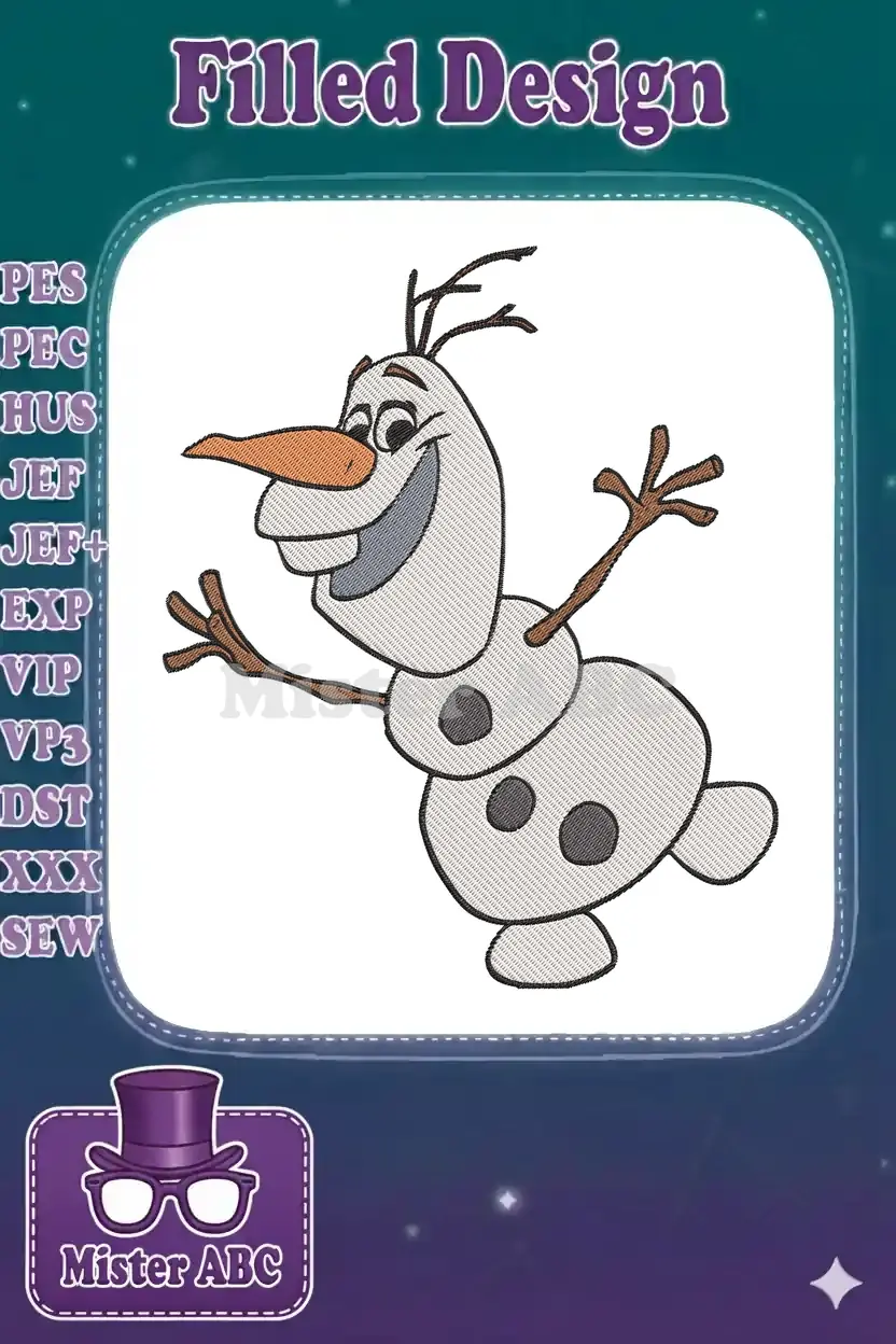 A joyful Olaf from Disney's Frozen, embroidered with a wide smile and open arms on a white background, ready to hug.