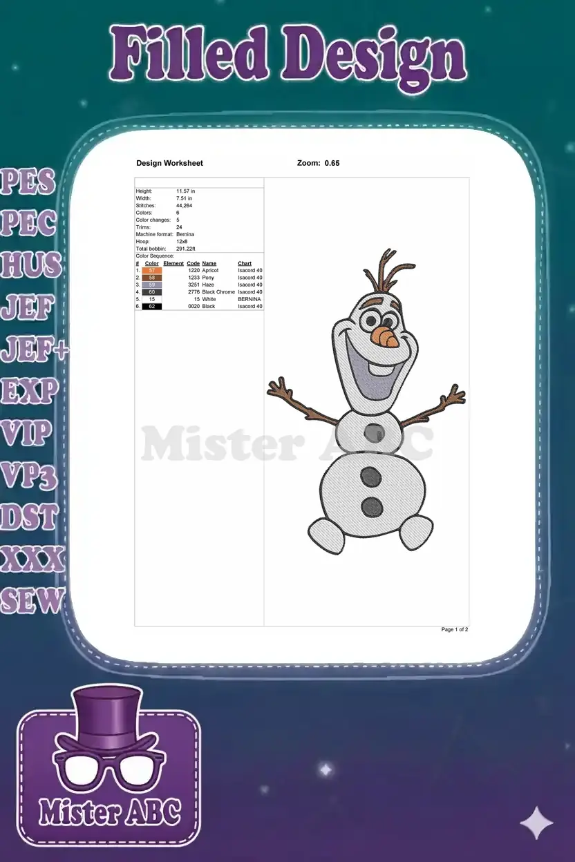 Design worksheet for the Olaf embroidery, detailing dimensions, stitch count, thread colors, and machine compatibility.