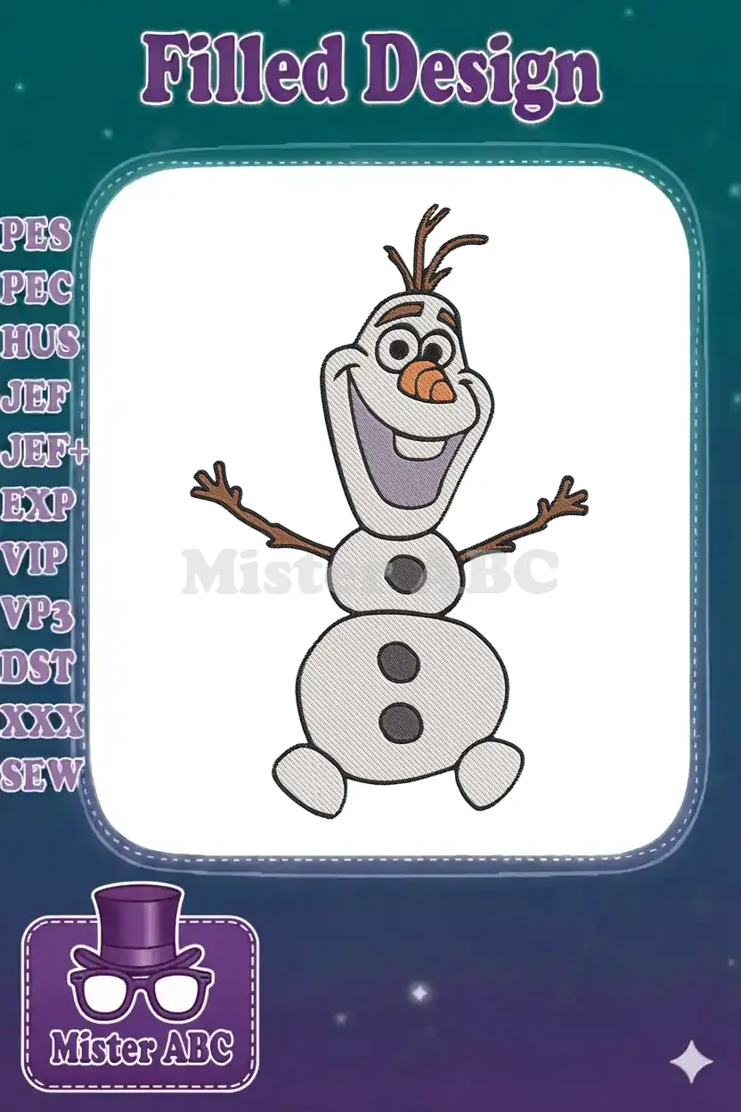 A vibrant embroidery design featuring Olaf from Disney's Frozen, smiling broadly with stick arms and carrot nose.