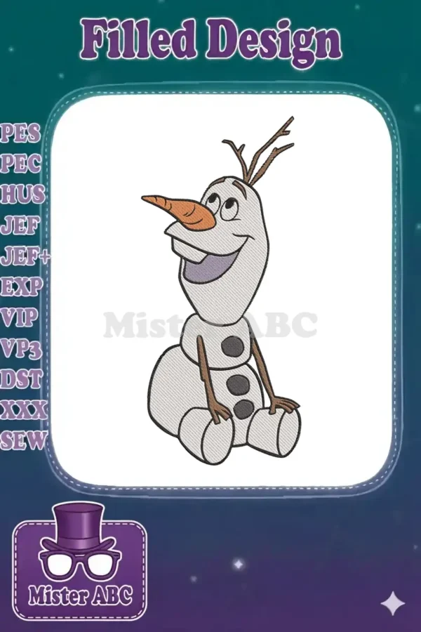 A charming embroidery design of Olaf the snowman, sitting and smiling, with detailed stick arms and carrot nose.