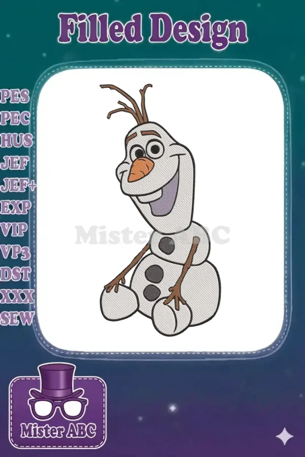 A cheerful Olaf embroidery design, featuring the beloved snowman from Frozen sitting with a wide smile.