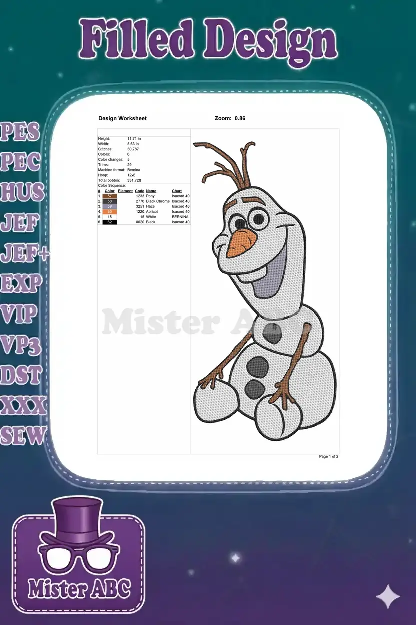 Embroidery design worksheet for Olaf, detailing dimensions, stitch count, colors, and machine compatibility.