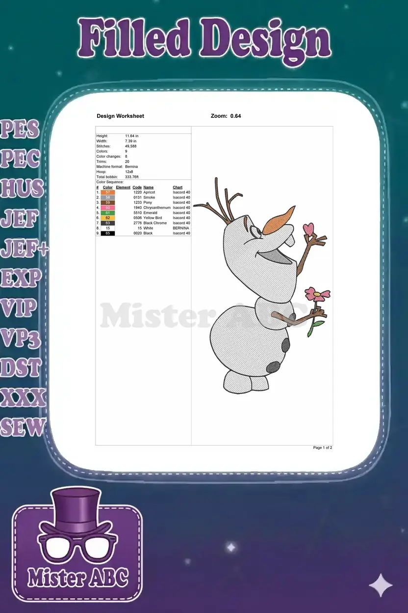 Detailed embroidery design worksheet for Olaf, showing dimensions, stitch count, color sequence, and thread types.