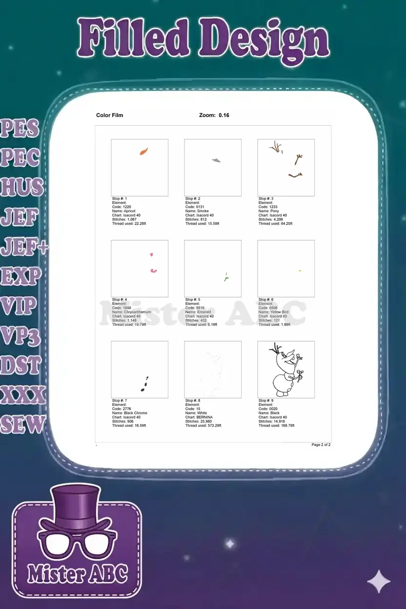 Color film breakdown of the Olaf embroidery design, showing each stitch stop and thread usage for clarity.