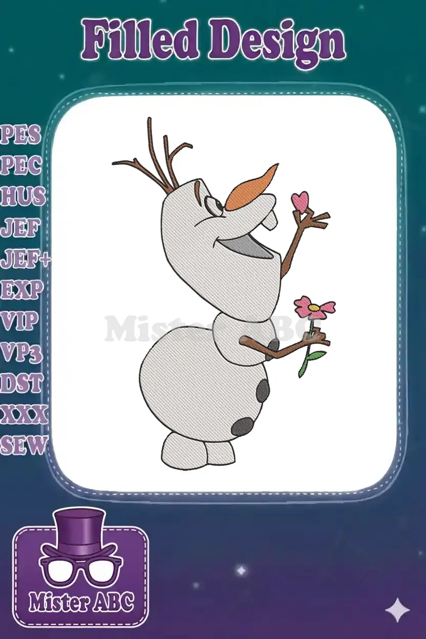 Delightful Olaf from Frozen, an embroidery design holding a pink heart and flower, rendered in vibrant fill stitches.