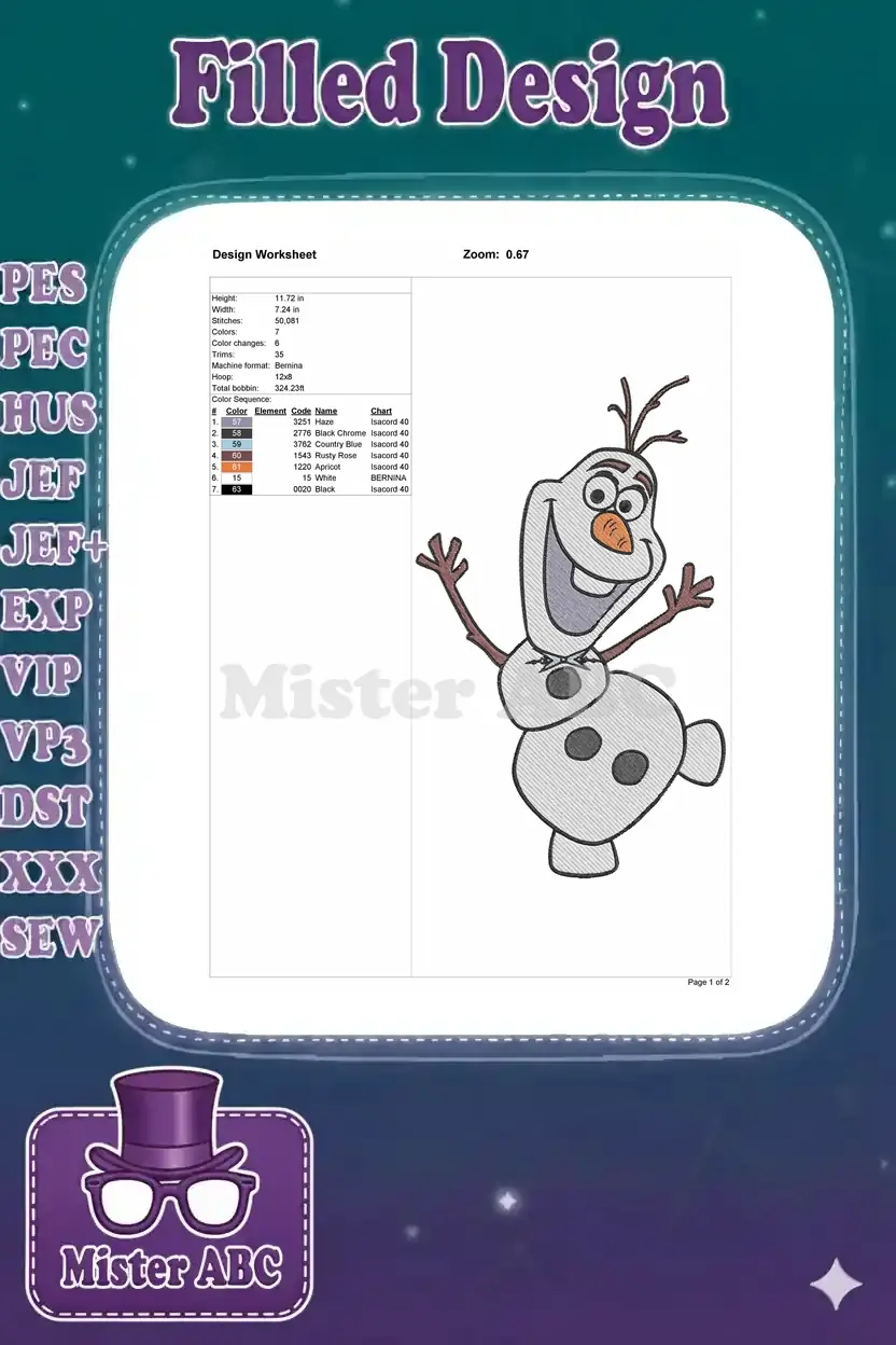 A detailed embroidery design worksheet for Olaf, showing dimensions, stitch count, color sequence, and thread codes.