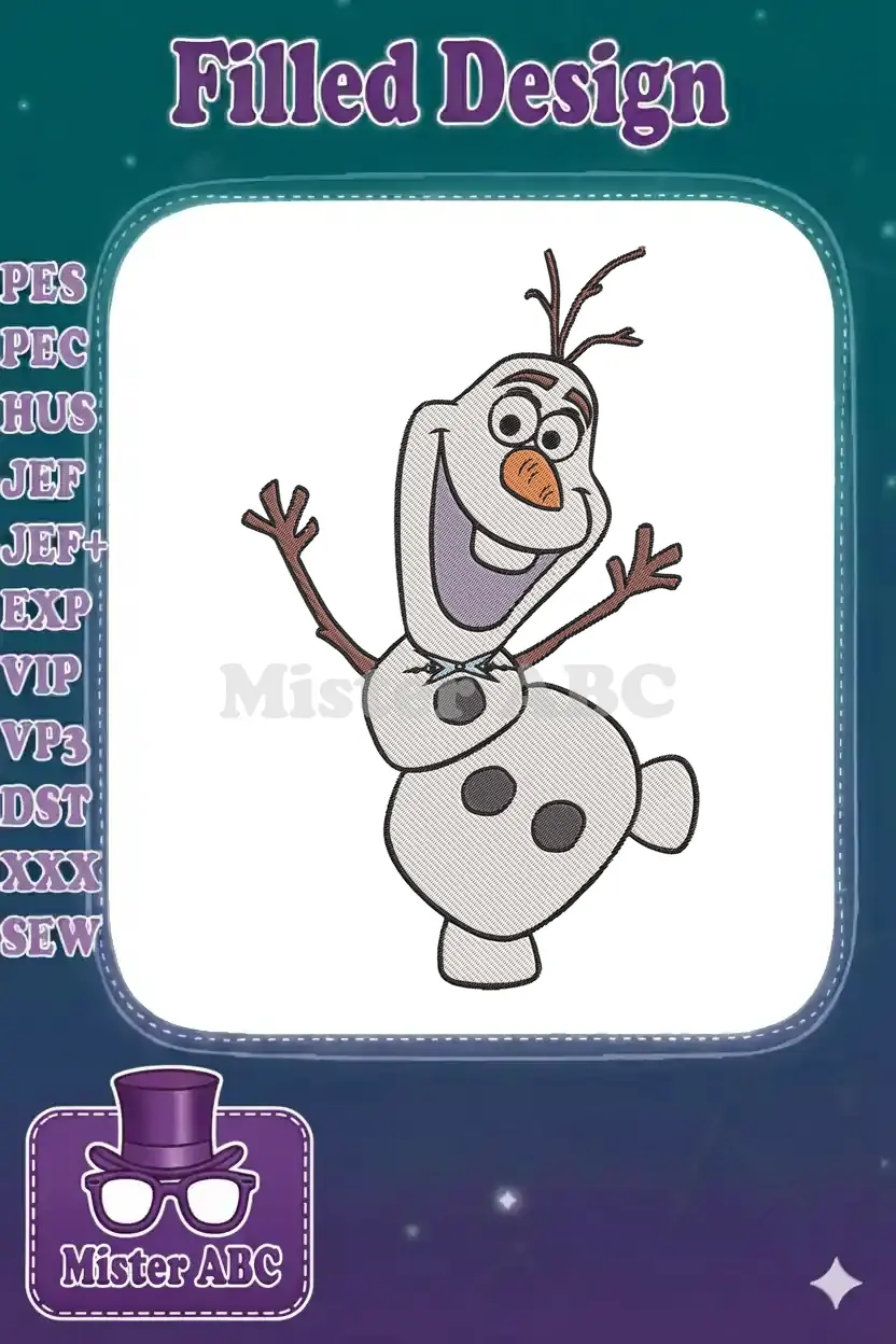 A vibrant, full-color embroidery design of Olaf from Disney's Frozen, smiling with open arms, ready to hug.