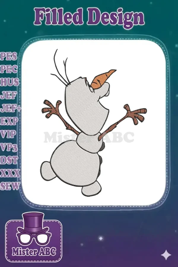 A charming embroidery design of Olaf, the cheerful snowman from Disney's Frozen, looking upwards with open arms.