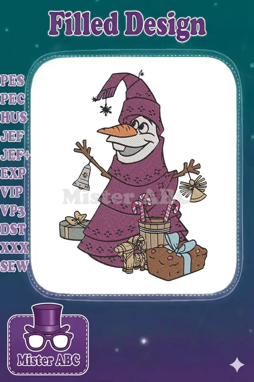 A cheerful Olaf from Frozen, dressed as a whimsical Christmas tree with presents and candy canes, ready for holiday celebrations.