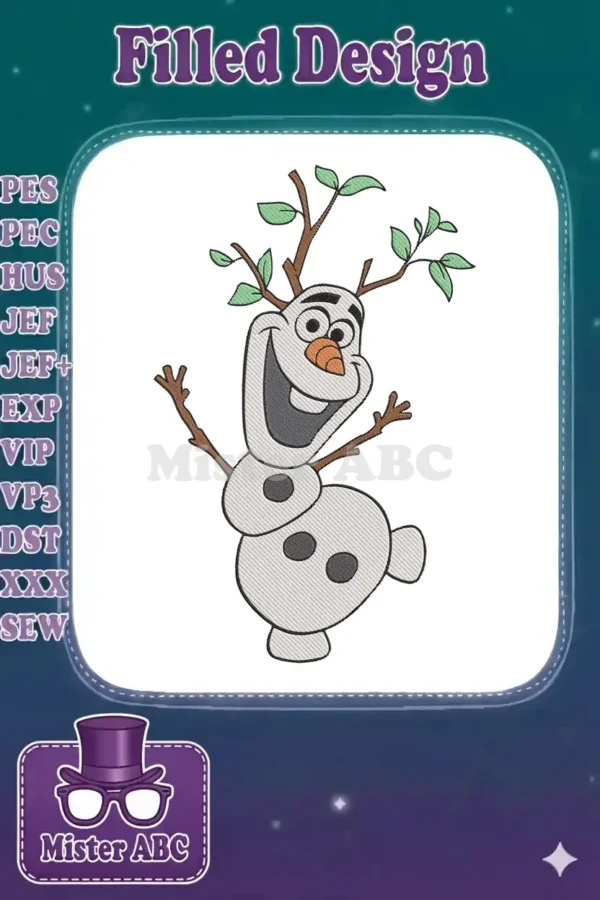 A vibrant embroidery design of Olaf from Frozen, smiling broadly with brown branch antlers adorned with green leaves.
