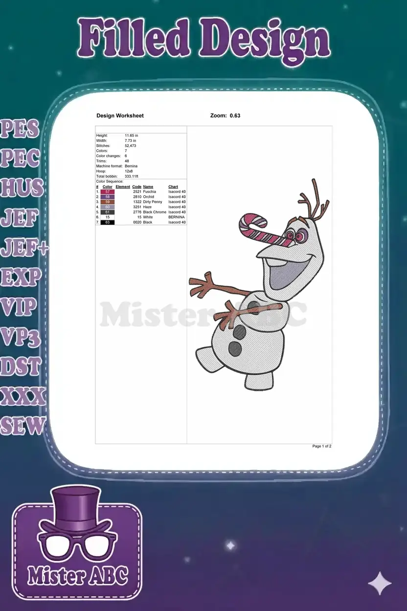 Embroidery design worksheet for Olaf, detailing dimensions, stitch count, color sequence, and thread information.