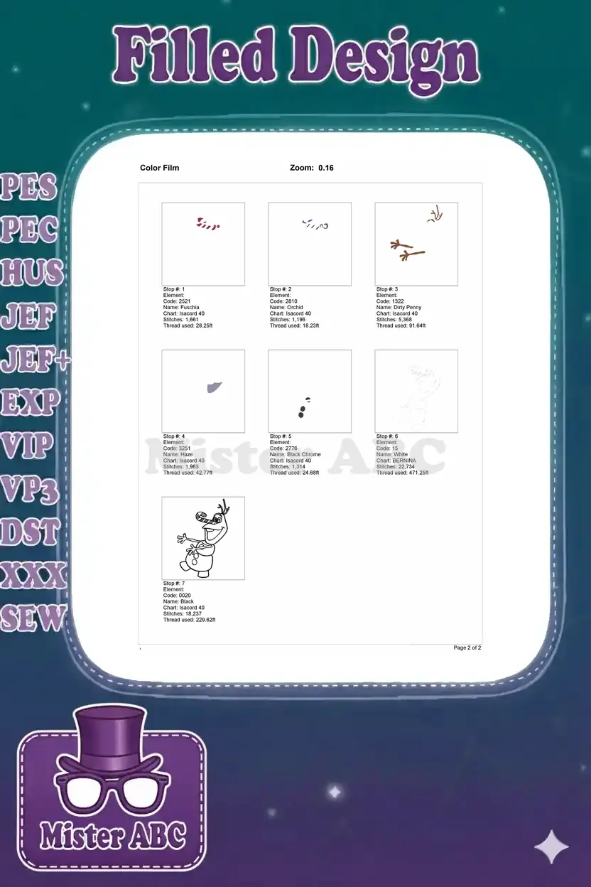 Color film breakdown for the Olaf embroidery design, showing each stitch stop and color application sequence.